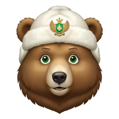 Cute Russian brown bear head with friendly expression and bright green eyes, wearing white furry ushanka hat with realistic double-headed eagle coat of arms centered sticker