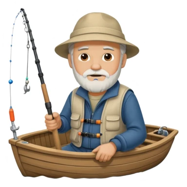 an old white haired, bearded man in fisherman attire, sat in a boat at sea, holding a fishing rod, with the end of the fishing line in the water sticker
