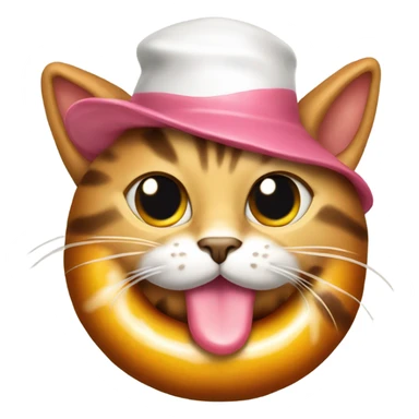 A cat wearing a hotdog hat and eating a donut sticker