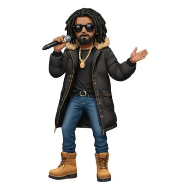 African American man with shoulder length black dreadlocks with black beard wearing dark black sunglasses wearing a black bubble coat wearing denim skinny jeans and timberland boots rapping into a microphone on stage sticker