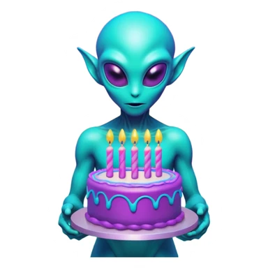 A neon-colored alien holding a holographic birthday cake, 1980s vaporwave aesthetic, grid floor, purple and cyan sunset, glitch effects, synthwave atmosphere, retro futuristic style
 sticker