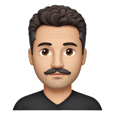 Hispanic man in his 40s with light cinnamon skin. Structured face with defined jawline. Calm brown eyes. Natural thick eyebrows. Connected mustache and chin beard (goatee) in black with a few gray hairs. Short curly dark hair. Wearing a black V-neck t-shirt. sticker