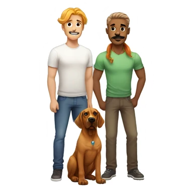 white man with rainbow colored hair and curled mustache standing alongside a brown rhodesian ridgeback dog sticker