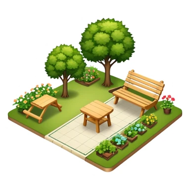 Icon for Landscape Design: a garden layout with trees, plants, pathways, and outdoor furniture, along with design tools like a ruler, pencil and sketchpad. The icon should represent the creativity and planning behind landscape design. Transparent background. sticker