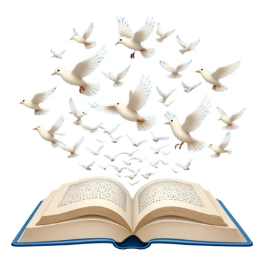 Icon for Poetry Reading: an open book with verses on the pages, from which fly pages transforming into a large flock of small white birds soaring into the blue sky. The icon should evoke the freedom and beauty of poetry. Transparent background. sticker
