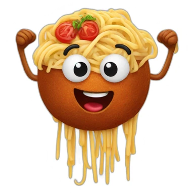 Spaghetti and meatballs with a face, arms and legs, doing something random sticker