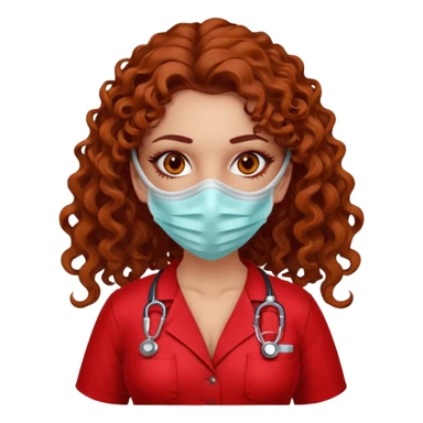 Sensual Spanish Lilith core evil surgeon.red outfit.  Surgeon has hazel eyes. Her hair is BROWN. Hair is also  long and  curly. wearing a sexy surgeon outfit with platform  heels.she is a calculated killer. She covers only her mouth and nose with mask to hide identity sticker