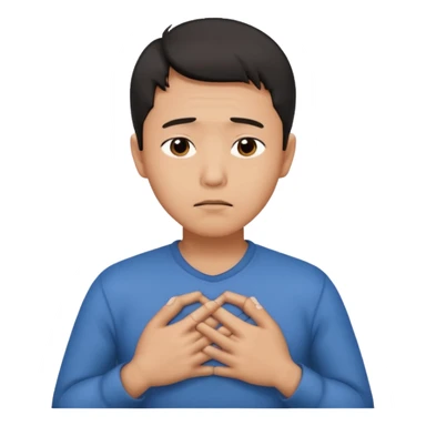 first asian man put his hands on his chest where his heart is, to showw howw he feeels. With a sad exxpression  sticker