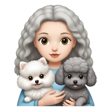 A girl holding a white Pomeranian and a gray poodle sticker