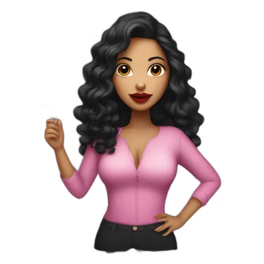 White latin girl with with pink big lips, long curly black hair and wine sticker