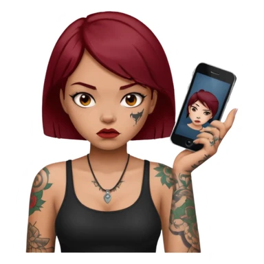 generate a girl with dark red hair, tattoos, short black hair calling on the mobile phone. Looking mad sticker