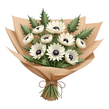 Bouquet of thistles and white anemone in brown paper   sticker