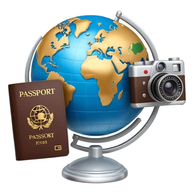 Globe with passport and camera, world travel sticker