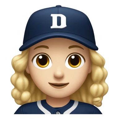 White girl who wearing navy ballcap emblazoned with a red D initial and wearing baseball uniform sticker
