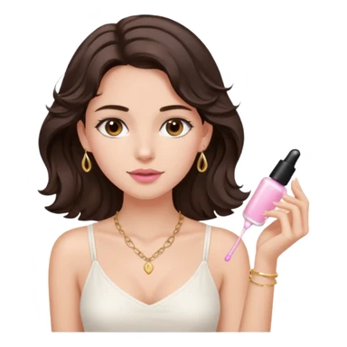 generate a pretty fair bratz girl with dark brown eyes. Dark brown hair wavy hair. light pink lipgloss. white cami top. doing skincare. Dainty gold necklace sticker
