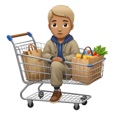 A man in oversized second-hand clothes, sitting beside a shopping cart of items, looking around with soft hopeful eyes.
 sticker