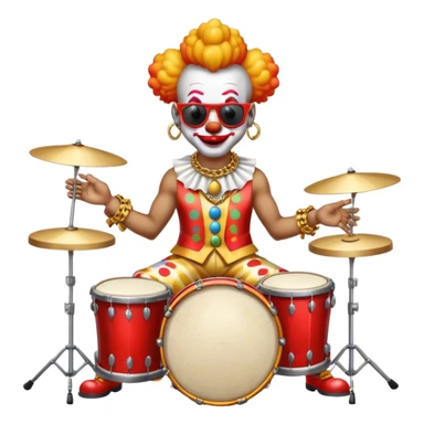 Clown with big golden chain on the neck wearing sunglasses plays drum kit full height sticker