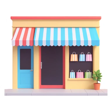 friendly storefront with striped awning and shopping bags at the entrance, pastel colors sticker