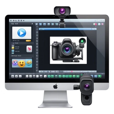 Create an emoji of video editing. Should feature a video editing timeline or interface on a computer screen, showing clips and a playhead. Include a video camera and editing tools. No smiley faces. Make the background transparent. sticker