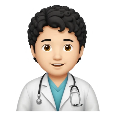 a young asian chubby male doctor with very black long curly hair and cheerful face without gpasses sticker