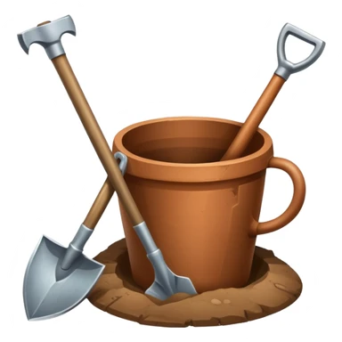 An icon featuring a shovel, pickaxe, and an ancient artifact like a broken pot, symbolizing the essentials of archaeology. The design focuses on the tools of excavation and discovery, recognizable look. Transparent background. sticker