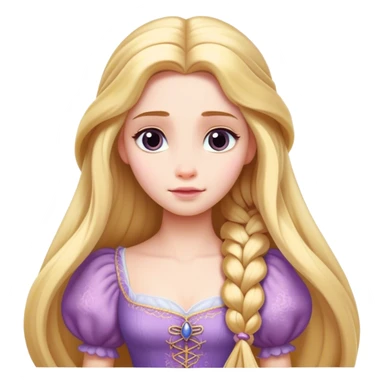 Cinematic Realistic Rapunzel Portrait, with porcelain-like skin featuring a subtle, natural glow, illuminated by soft lighting that brings out the gentle contours of her face. Her long, golden blonde hair cascades in detailed waves, each strand highlighted with a radiant shimmer as it catches the light. Her bright, expressive green eyes exude curiosity and warmth, framed by delicate lashes and soft, arched brows. Her expression is playful and vibrant, with a gentle smile. She is dressed in her classic lavender and pink gown, the fabric textured with delicate folds that flow naturally, catching the light with a soft, radiant glow. The portrait captures a luminous, enchanting aura, seamlessly blending realism with a whimsical, fairytale charm, evoking a timeless sense of beauty and magic. sticker