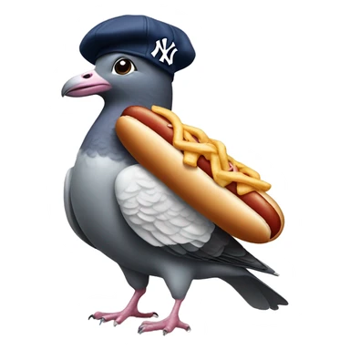 pigeon wearing New York yankee hat while standing on a hotdog sticker