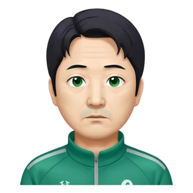 Park Ju-un is a middle-aged man, around 45 years old, green tracksuit, with tired eyes that carry the weight of a lifetime of struggles. His black hair, streaked with strands of gray, is unkempt and damp with sweat.

His face is gaunt, with deep wrinkles lining his forehead and around his mouth, evidence of years of stress and hardship. He wears the standard green Squid Game tracksuit (#369), but his jacket is slightly loose on his thin frame, and the collar is stained with sweat. His hands, slightly calloused from years of office work, tremble as he grips the small needle. sticker