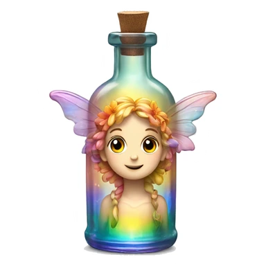 Antique oil bottle made of crystal glass of all gentle colors of the light rainbow, a living flower fairy sits at the bottom of the bottle sticker
