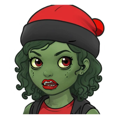 zombie girl with curly black hair and red streaks, memoji style, mysterious atmosphere sticker