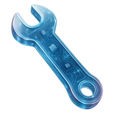 Create a wrench icon in a cyberpunk, holographic style with glowing neon blue and pink edges, circuit patterns throughout the wrench. The wrench should be clean, metallic, and futuristic, matching the style of the previous cyberpunk icons. Use a transparent background suitable for a 'Programs and Features' icon. sticker