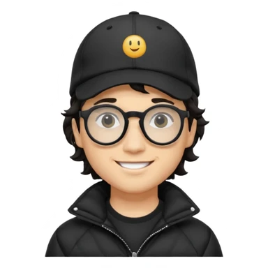 Young man wearing a black puffer jacket, black baseball cap, round black glasses, wavy hair peeking out from under the cap, smiling
 sticker