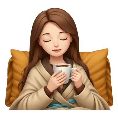 long brown hair woman closed eyes covered with cozy beige blanket, holding cup of coffee, autumn mood sticker