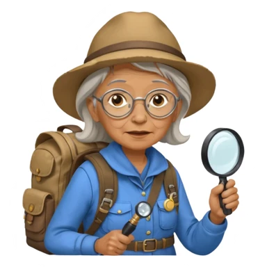Explorer old woman with magnifying glass and backpack, portrait sticker
