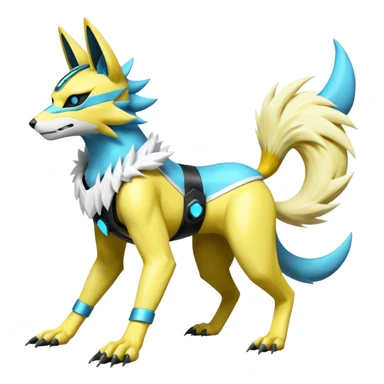 Shiny cyan yellow white electric complex futuristic white-cyber-masked Zeraora-Renamon-Electrike-Umbreon-Lombax-Weregarurumon-fusion-creature (full body sticker