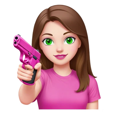 mid sized white skinned girl with green eyes and long brown hair aiming a pink pistol smiling in a pink t-shirt with pink lips sticker