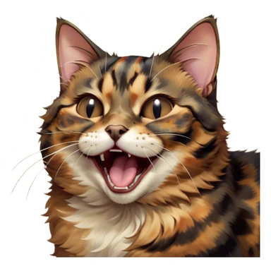 Cinematic Cute Yawning Tortoiseshell Cat Portrait Emoji, Head slightly tilted with a wide, adorable yawn and half-closed, dreamy eyes, featuring a warm, mottled fur of rich browns and blacks, simplified yet irresistibly cute, highly detailed, glowing with a soft, slumbering radiance, high shine, exuding a relaxed, drowsy charm, styled with a gentle, soft glowing outline, capturing the essence of a tortoiseshell cat in a precious moment of sleepy delight! sticker