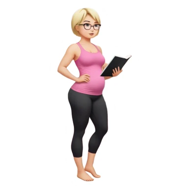 Full body view from the side, fair skinned woman, curvy, short blond hair, small reading glasses, cooking dinner in kitchen, pink loose tank top, showing natural B cup breast shape SFW, black yoga pants, large curvy booty sticker