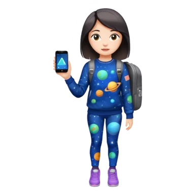 girl wearing space-printed leggings, space-printed sweatshirt, holding a space-printed backpack and a space-printed phone sticker