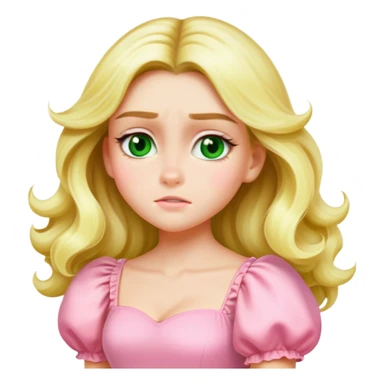Create an emoji-style illustration of a blonde girl with long wavy hair, green eyes, and a pink pastel puff-sleeve dress, matching the Apple emoji style of the reference image. Keep her facial features, hairstyle, and outfit identical. Generate a joyful expression. sticker