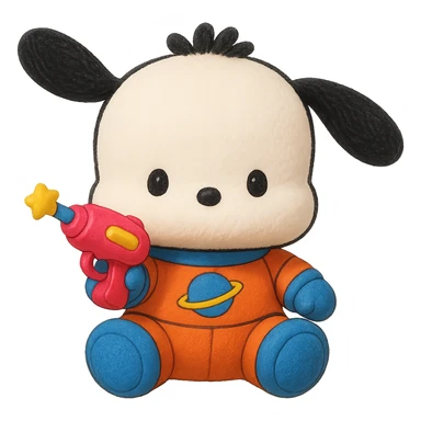 Make Pochacco hold a cute toy gun, keep him white with black ears, orange and blue space suit, plushy Popmart doll style, playful and adorable, no background sticker