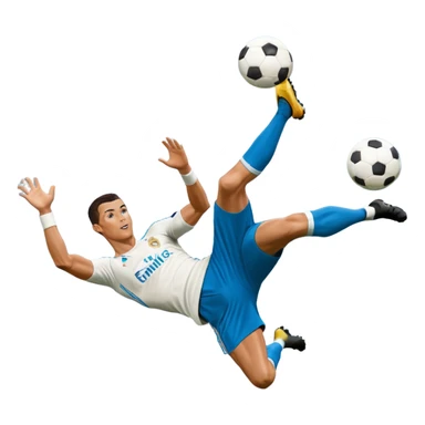 Ronaldo doing a bicycle kick with football in mid air While wearing a Retro blue Real madrid kit and yes i want it to be exactly the same as he Scored it in 2018 vs Juventus  sticker