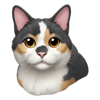 older diluted calico, white chin, black and pink nose, mostly dark grey with whiteish beige forehead, dark grey ears sticker