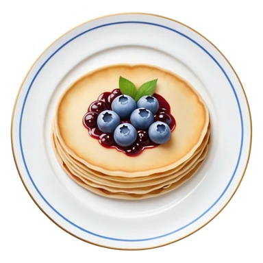 scandinavian round crepes with jam on white porcelain plate with blue floral vintage design sticker