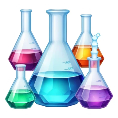 A set of colorful growing crystals in various stages of development, surrounded by beakers and jars with chemical solutions. Light shining on the crystals creates a dazzling glow. Background of a clean, well-lit workspace with scientific tools and equipment. Transparent background. sticker