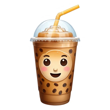 A 3D cartoon plastic cup of iced coffee with straw, clear lid, ice cubes floating, realistic condensation, bright sunlight, Memoji-style. sticker
