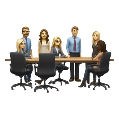 meeting table with 6 people seated two men, both width buzcuts and glases, two blonwimen with long hair, two brownhaired women with long hair and one brown haired woman with short hair sticker