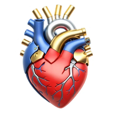 3D render of Mechanical Heart, futuristic cyborg aesthetic, fusion of organic skin and chrome metal, gold brass valves mixed with red muscle tissue, exposed wiring, emoji style, isolated on white background --v 6.0. sticker