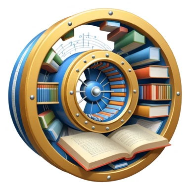 An icon featuring a physics textbook, a large Hadron Collider with particles flying off, symbolizing the study of physics. The design includes atomic models, energy waves, and scientific formulas, representing fundamental physical principles and research. Transparent background. sticker