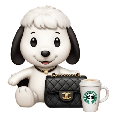 snoopy in a desk with starbucks and his chanel purse sticker